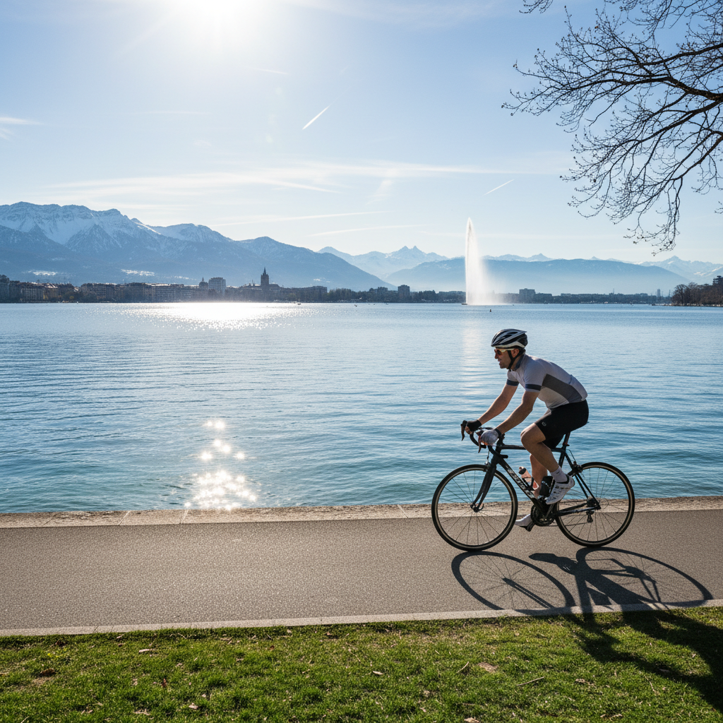 Homme faisant du vélo sur une piste cyclable le long du lac Léman à Genève, par une journée lumineuse, avec des reflets d'eau en arrière-plan
