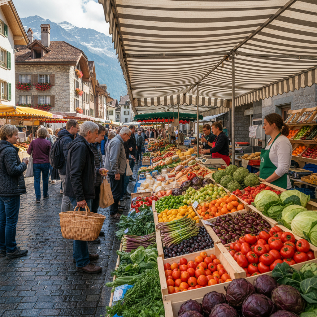 Marché alimentaire suisse avec des étals de fruits et légumes de saison colorés, symbolisant l'abondance naturelle et le choix éclairé dans l'alimentation quotidienne