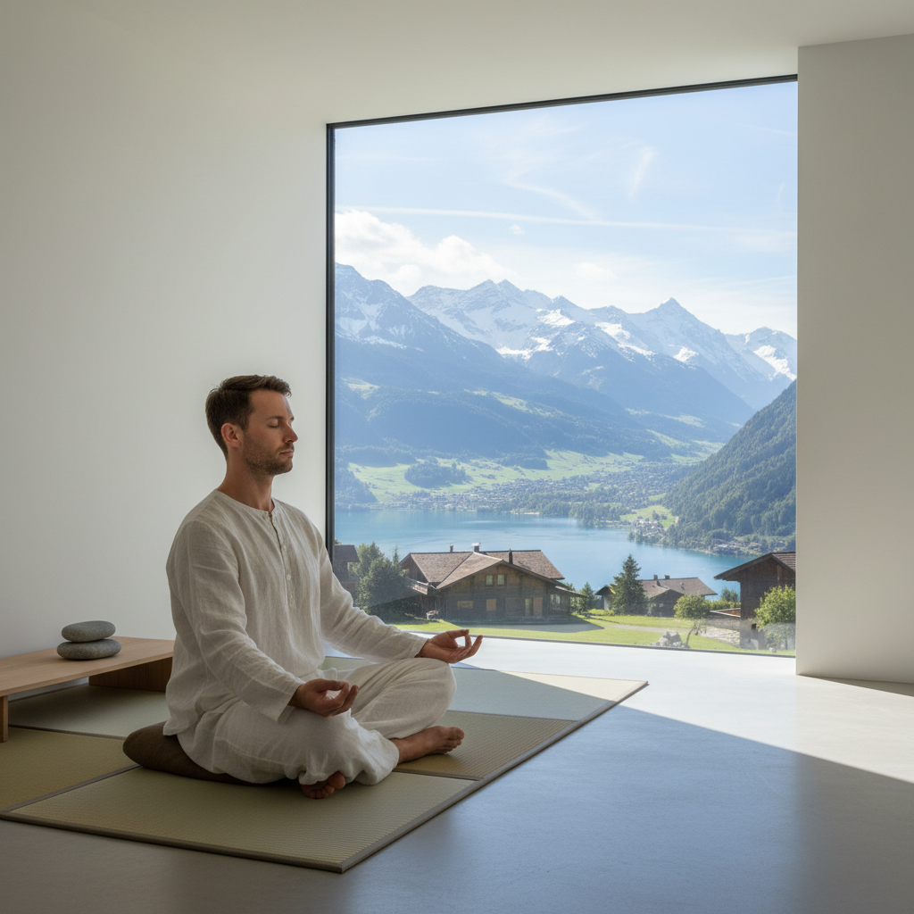 Homme assis en position de méditation dans un espace intérieur lumineux et dépouillé, avec une grande fenêtre donnant sur un paysage naturel suisse, symbolisant la paix mentale