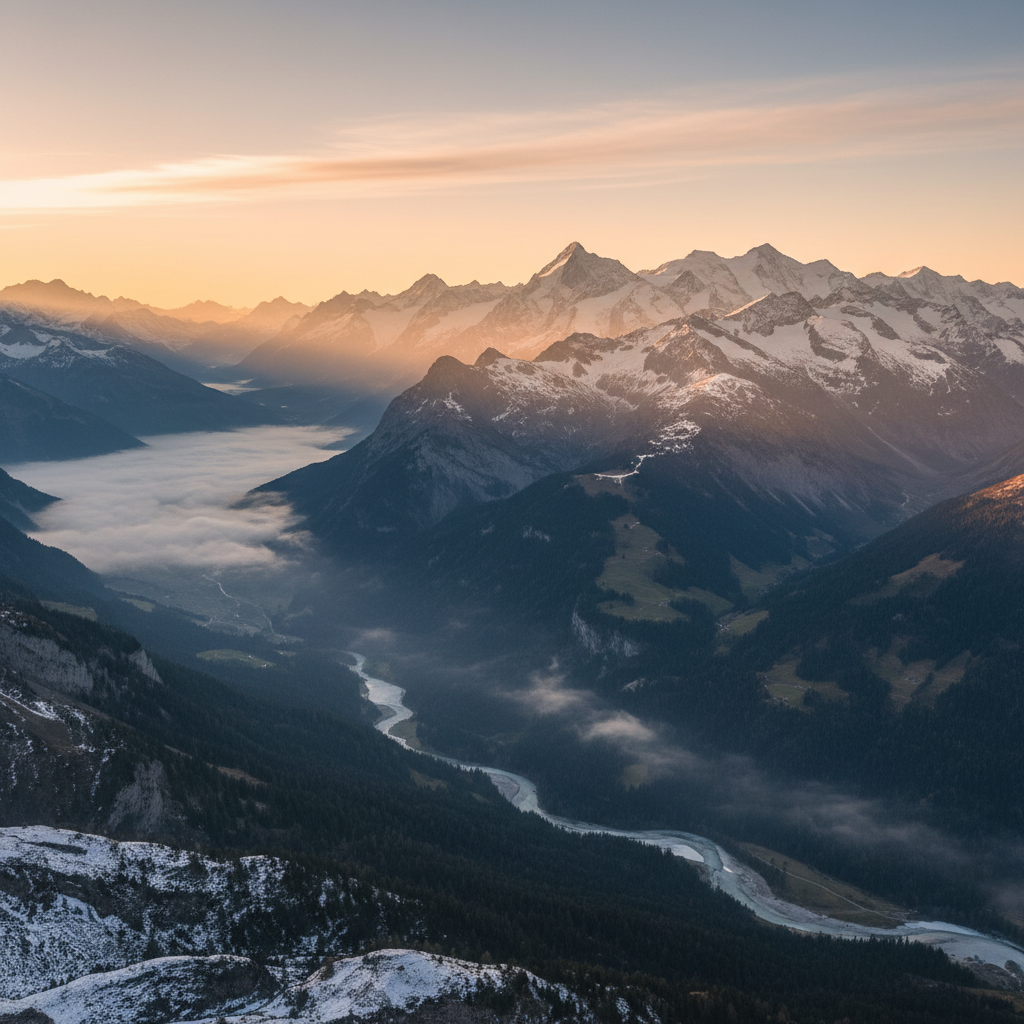 Vue panoramique des Alpes suisses au lever du soleil, paysage de montagne baigné d'une lumière dorée matinale symbolisant l'équilibre et la sérénité