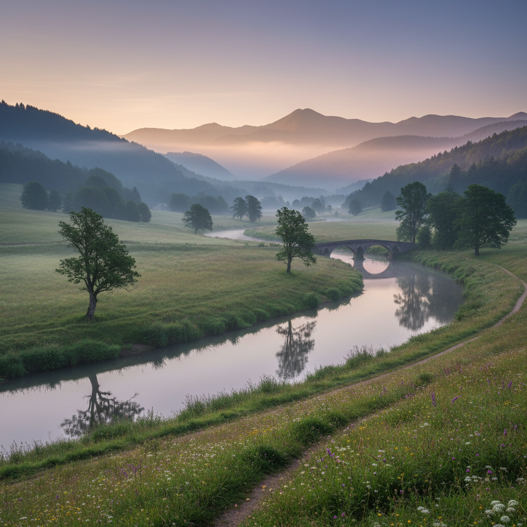 Paysage serein d'un lac suisse à l'aube, avec des reflets montagneux dans l'eau calme et une brume légère sur les crêtes, évoquant la paix intérieure et la clarté mentale