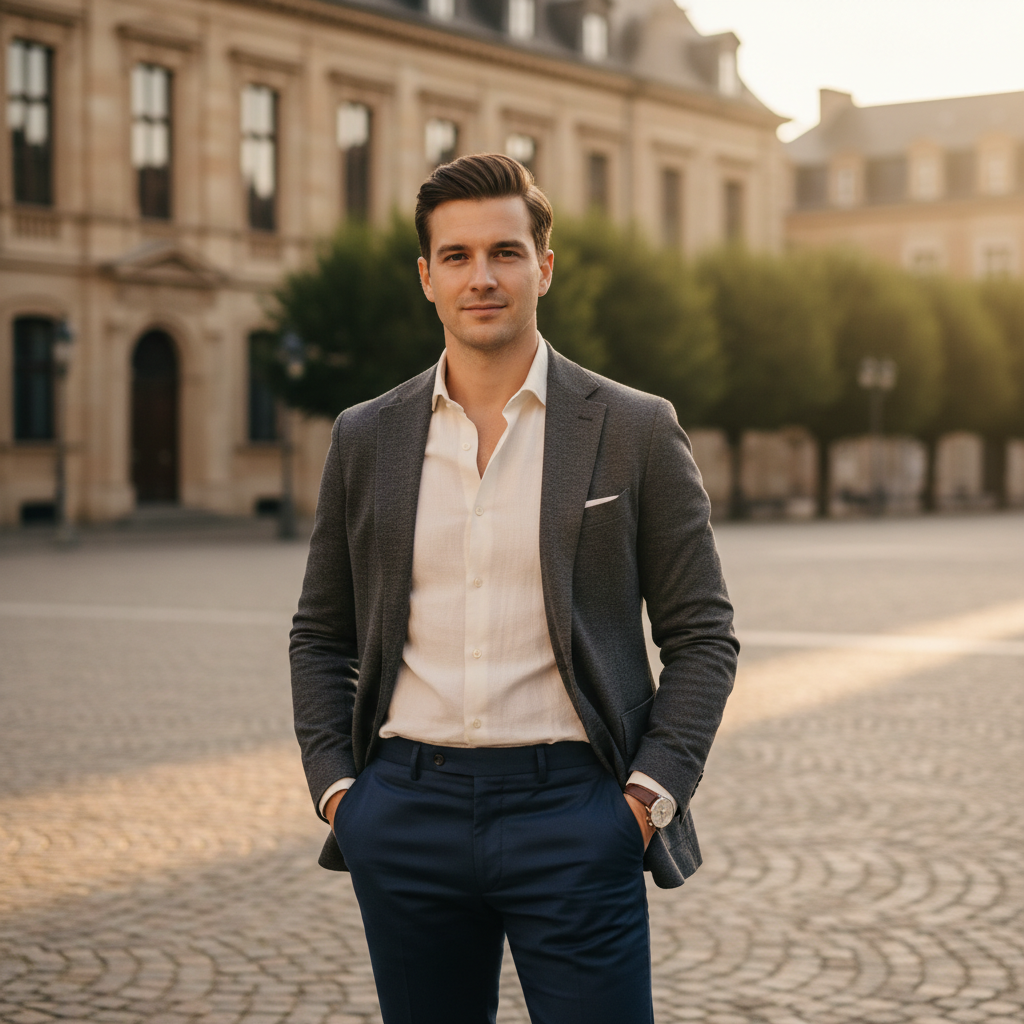 Homme d'âge moyen pratiquant une marche méditative sur un chemin forestier suisse, entouré de pins et d'une lumière filtrée, exprimant la plénitude et la connexion à la nature